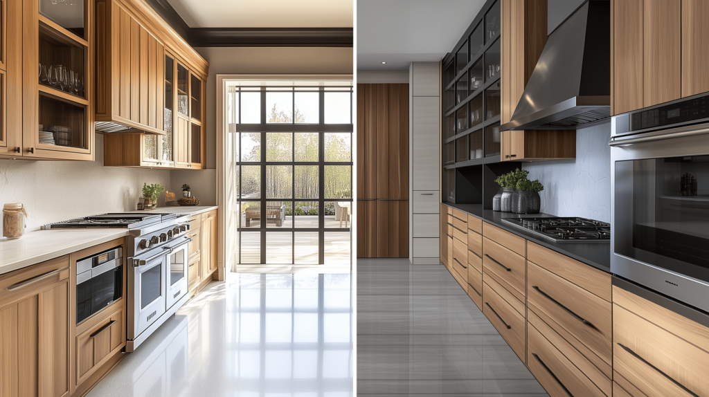 Side-by-side comparison of cabinet refaced kitchen vs custom cabinet kitchen